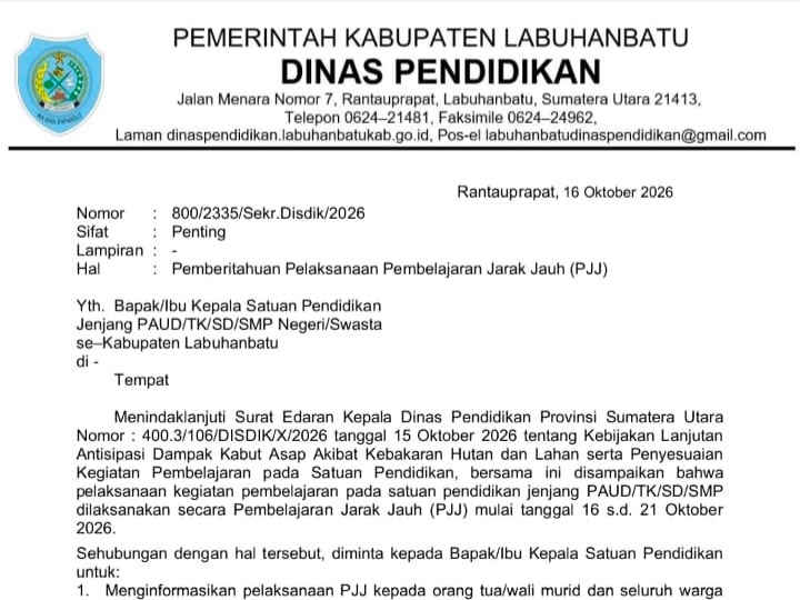 Dampak Kabut Asap Karhutla, Dinas Pendidikan Labuhanbatu Terapkan PJJ Bagi Siswa PAUD hingga SMP