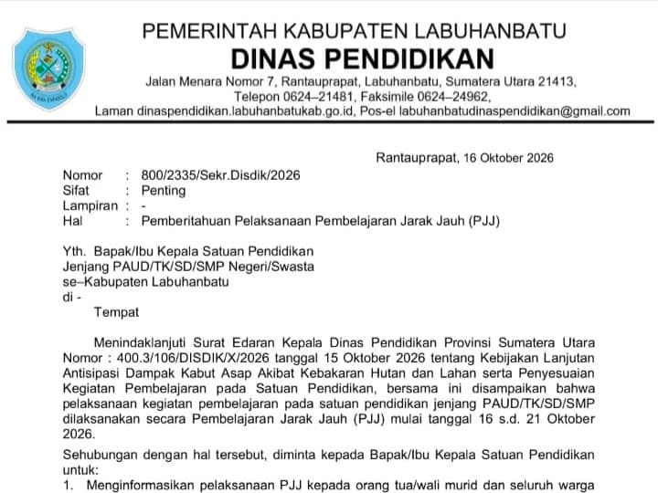 Dampak Kabut Asap Karhutla, Dinas Pendidikan Labuhanbatu Terapkan PJJ Bagi Siswa PAUD hingga SMP