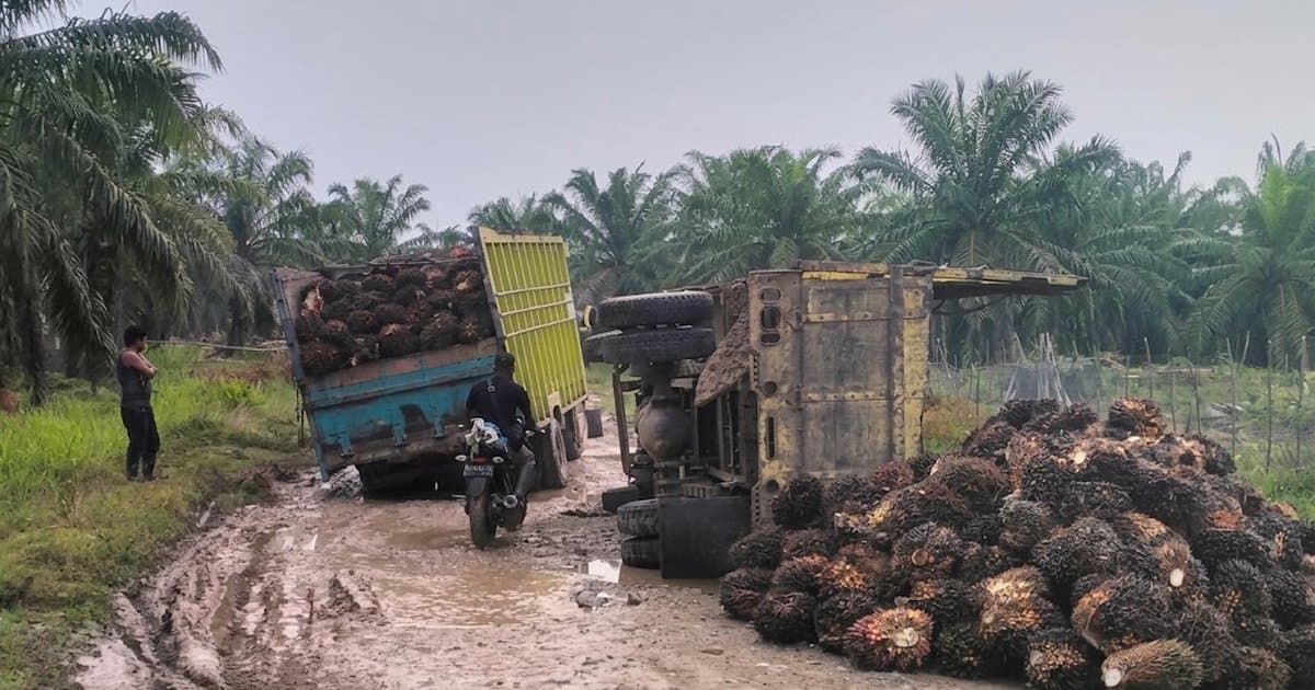 Jalan Rusak Parah di Cot Girek Aceh Utara, Truk Sawit Terguling