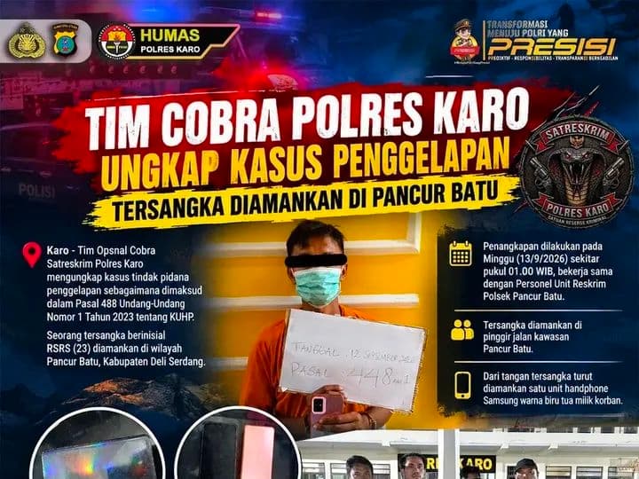 Tim Cobra Polres Karo Ungkap Kasus Penggelapan, Tersangka Diamankan di Pancur Batu