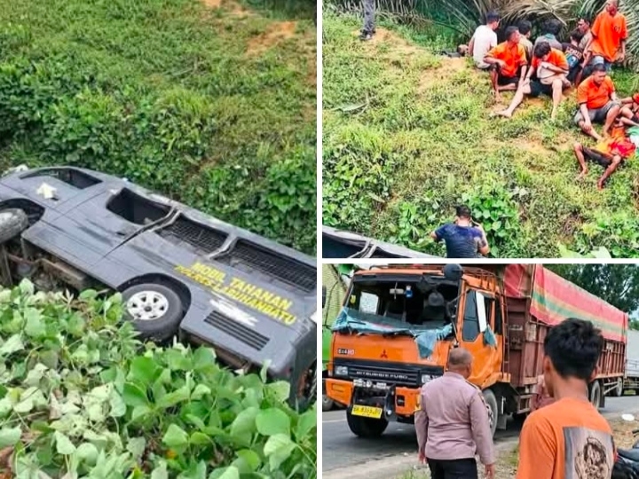Bus Tahanan Polres Labuhanbatu Masuk Jurang Usai Tabrak Fuso di Jalinsum Labura, Tahanan Luka-Luka